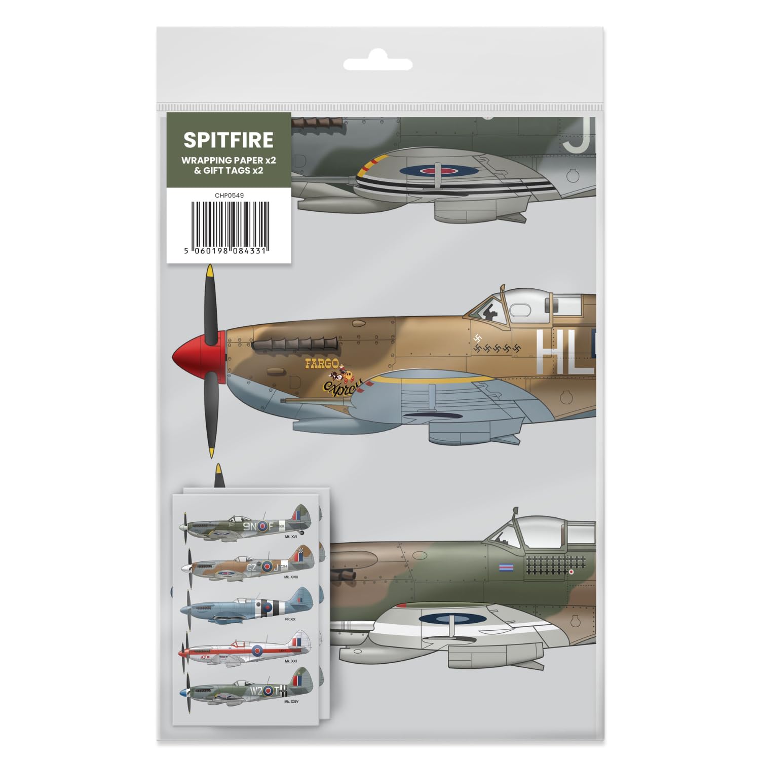 Coach House - Spitfire Wrapping Paper and Gift Tags, 2 Sheets & 2 Tags, When Open the Sheets are 70 x 50 cms and Tags measure 12 x 9.5 cms