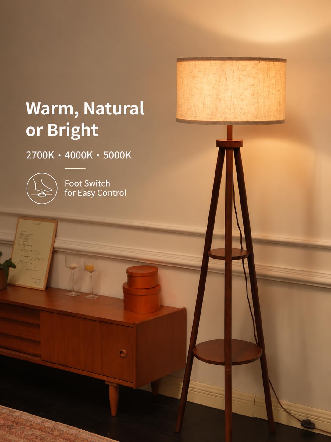 Lampa podłogowa statyw z abażurem lnianym, podwójne półki do salonu, bez żarówki