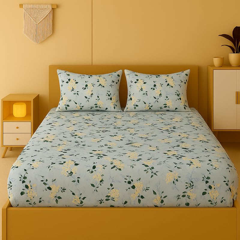 Image of NEW LEAF 320 TC Cotton All Around Elastic Fitted Printed Bedsheets King Size, Premium Fitted Bedsheets King Size for Double Bed with 2 Pillow Covers, Size- 78 inch x 72 inch Mint Green