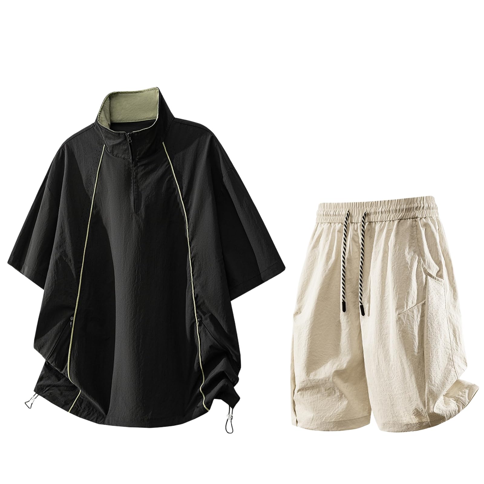 Conjunto Deporte Cremallera Media Cuello Alto Seda Hielo Transpirable Malla Camiseta Shorts-Black-XL