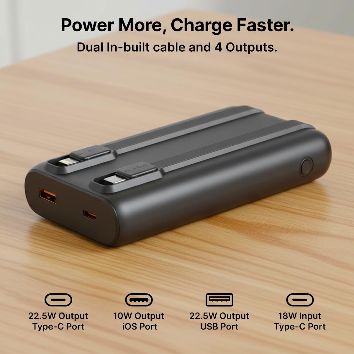 Close-up of pTron Dynamo Storm Powerbank showing USB-A, Type-C, and built-in cables.