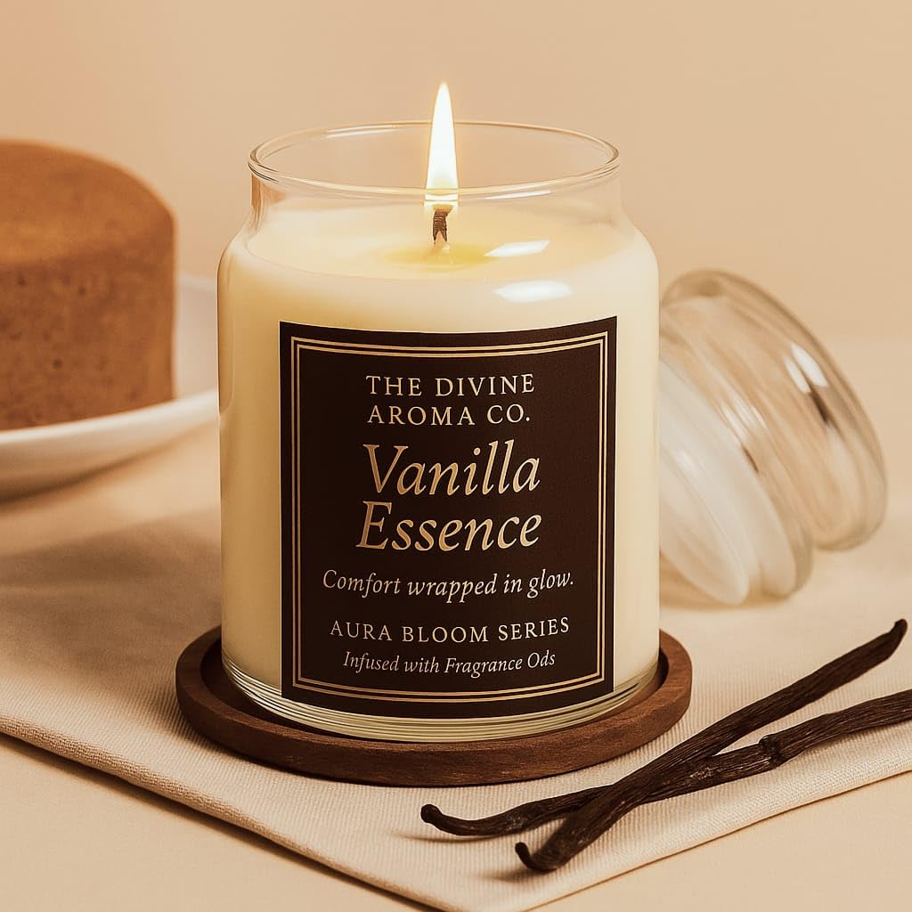 The Divine Aroma Co.™ Vanilla Scented Soy Wax Candle in Glass Jar, Long Burning, Aura Bloom, 100g
