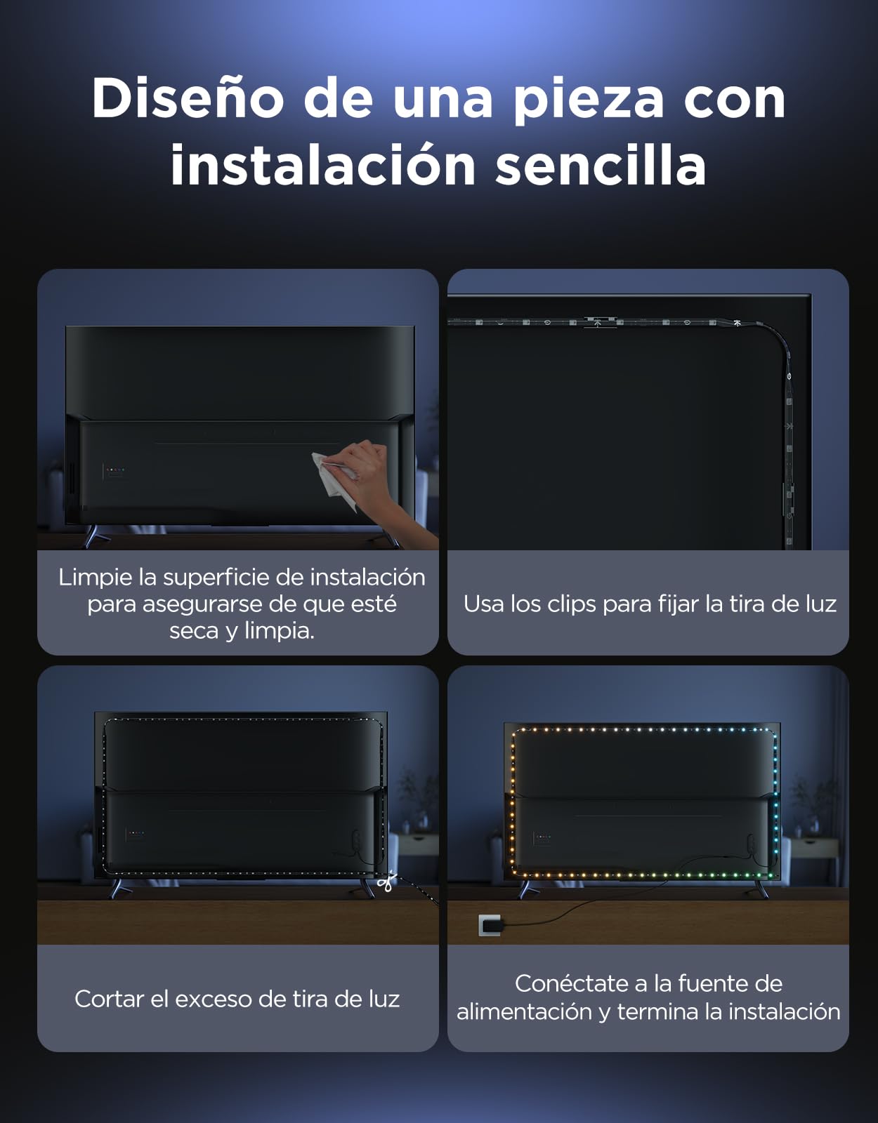 Govee Luz LED Trasera TV 2 para TVs 32-70 pulgadas | RGBWIC 4,4m Recortable, Fácil Instalación, 210+ Modos, Compatible con Matter, Sincronización Musical
