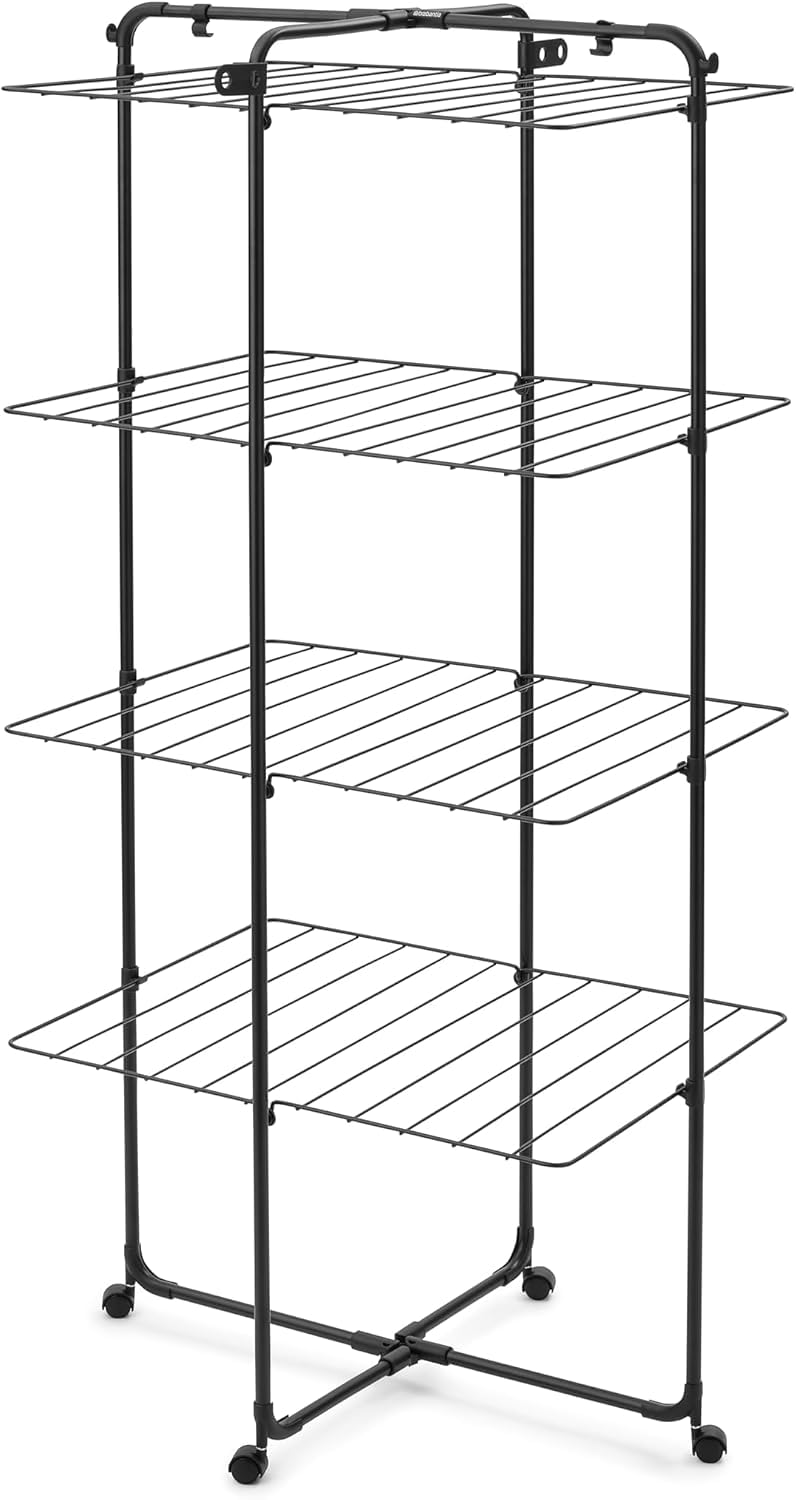 Brabantia Étendoir à Linge Tour HangOn de, 30 mètres (Noir Mat) – Séchoir à Linge Ajustable à Large capacité, Pliable et Compact – Étendoir en Tour avec Roues et Crochets pour ceintres
