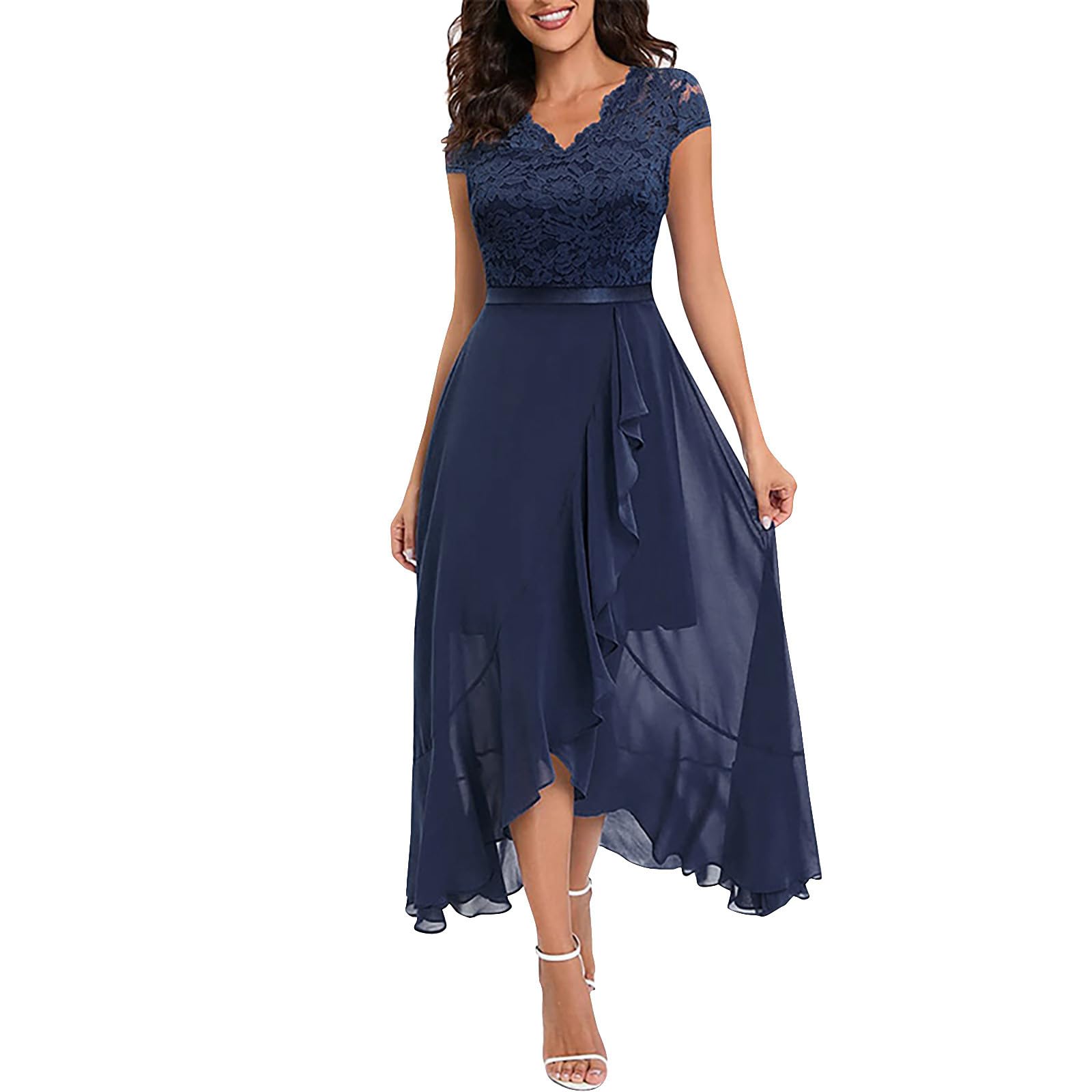Kleid Hochzeitsgast Damen Abendkleider Elegant Hochzeit Cocktailkleid Spitze Chiffonkleid Vorne Kurz Hinten Lang Rüschen Kleider Lochstickerei Brautjungfernkleider Frauen A Linie Ballkleid