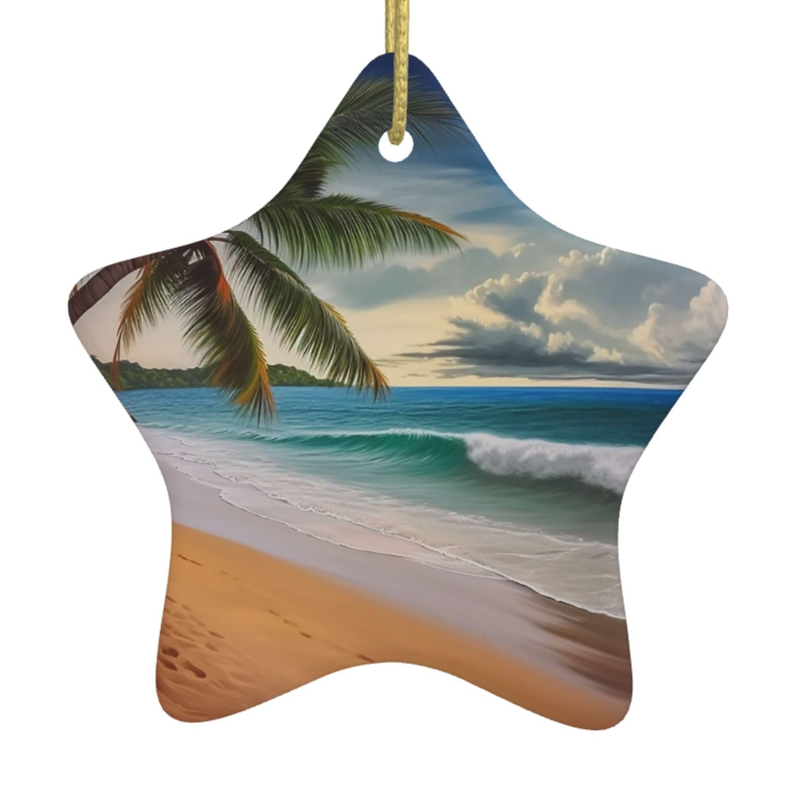 Ceramic Christmas Tree Hanging Ornaments with Gold Ropes Christmas Tree Decorations Star Ceramic Coconut Palm Tree Sandy Beach Pendant Keepsake Decorations for Holiday Xmas Gift Ideas