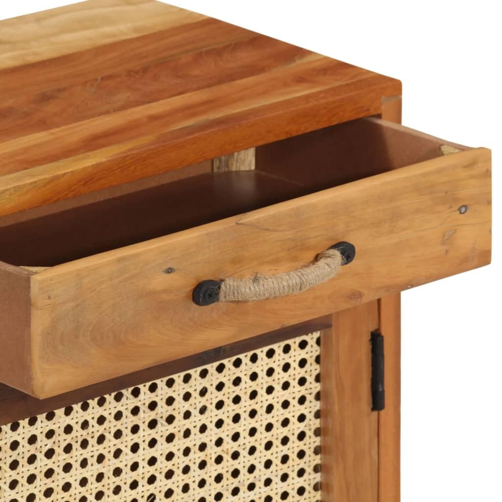 Mesita de Noche de Madera Maciza Reciclada Estilo Vintage con Puerta de Caña Natural, Hecha a Mano con Vetas Únicas, Fácil de Montar para Dormitorio o Salón