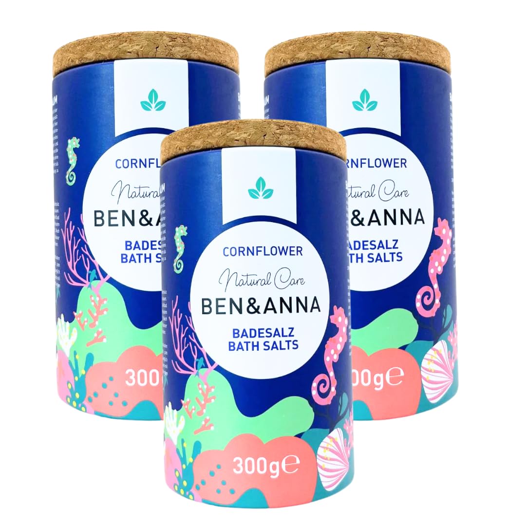 Ben & Anna - Premium Badesalz Cornflower für Muskelentspannungsbad mit Meersalz – Perfekter Badezusatz - Feuchtigkeitsspendend und Hautreinigend (900g (3er Pack), Kornblume)