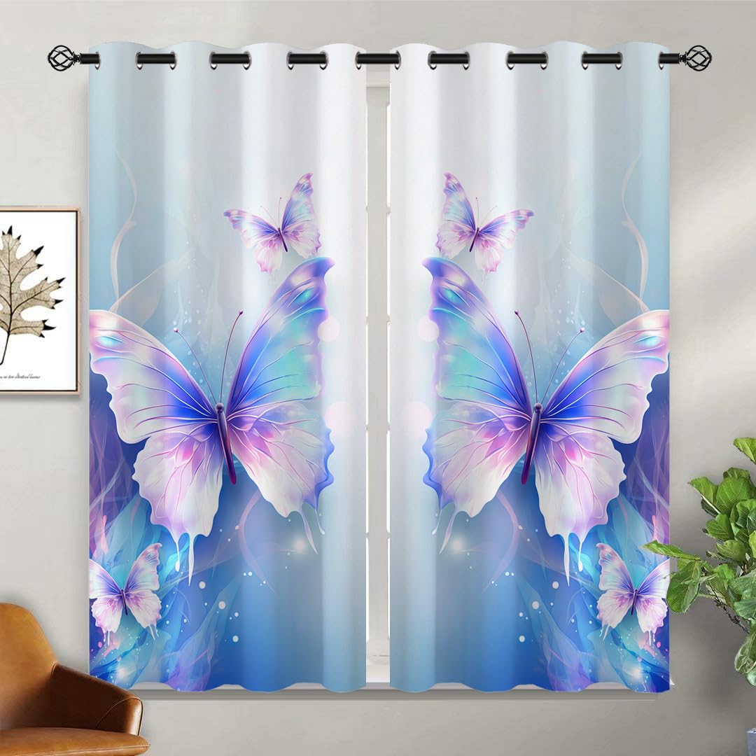 Dreamy Butterfly Blackout Curtains for Girls Boy Home Decor, Colorful Cartoon Art Grommet Thermal Insulated Drapes Darkening Window Curtain for Bedroom Living Room, 42 x 63 Inch