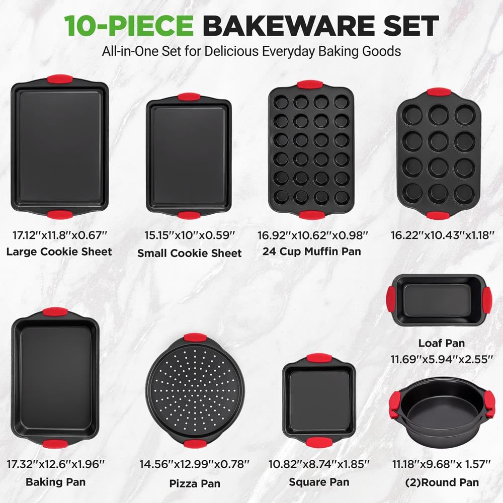 NutriChef Juego de bandejas antiadherentes para hornear de 10 piezas, apilables, aptas para horno, bandeja para galletas, pan, pizza, magdalenas, pasteles, sartenes redondas y cuadradas, bandejas