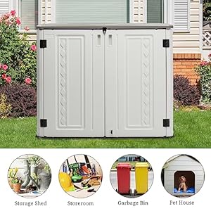 Outvita Outdoor Horizontal Storage Sheds, 34 Cu Ft Weather Resistant Resin Tool Shed, Multi-Opening Door Waterproof & Lockable for Storage of Bike, Trash Cans, Garden Tools, Lawn Mowers Outvita Outdoor Horizontal Storage Sheds 34 Cu Ft Weather Resistant Resin Tool Shed Multi Opening Door Waterproof Lockable for Storage of Bike Trash Cans Garden Tools Lawn Mowers