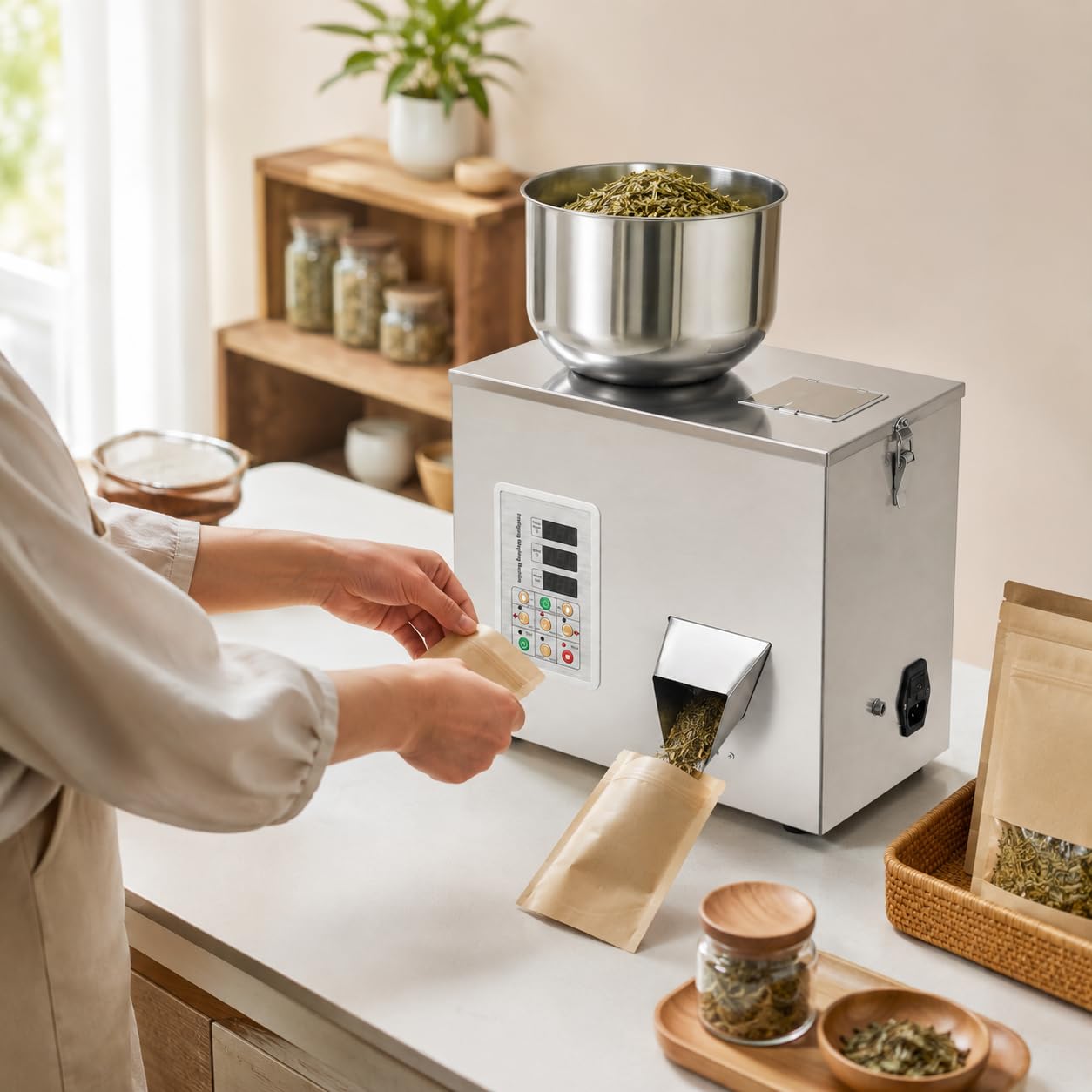 Pulverabfüllmaschine, 1–50 g, automatische intelligente Partikelwäge-Abfüllmaschine, Flaschenbeutel-Pulverfüller-Partikelspender für Teesamen, Körner, Pulver, Mehl, Bohnen, Glitzer