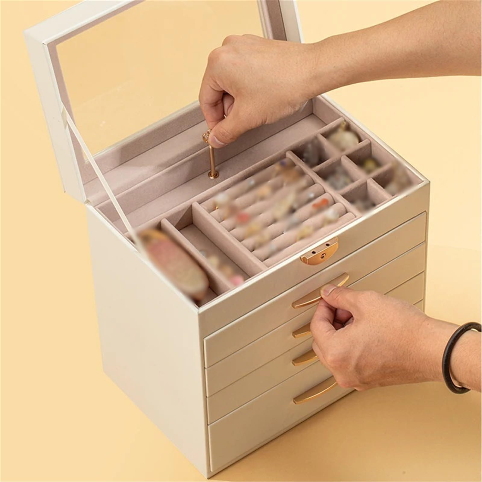Stojak pudełko na biżuterię ze szklaną pokrywą szuflady design