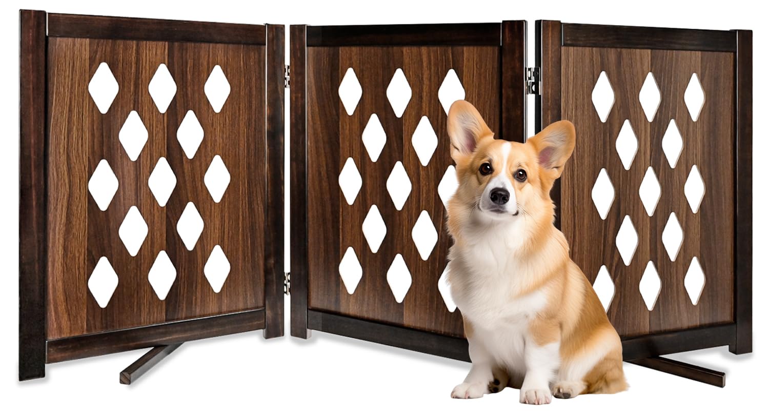 Pet Gate – Dog Gate for Doorways, Stairs or House – Freestanding, Folding, Wooden Indoor Dog Fence (24"-3 Panels, Walnut)