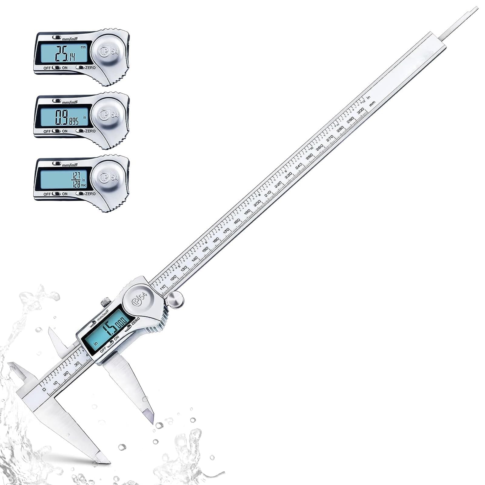 THE WHITE SHOP Digital Caliper, 12 Inch Caliper Measuring Tool with Stainless Steel, IP54 Splash Proof Protection Design, Large LCD Screen, Easy Switch from Inch Metric Fraction (Size : 300MM)