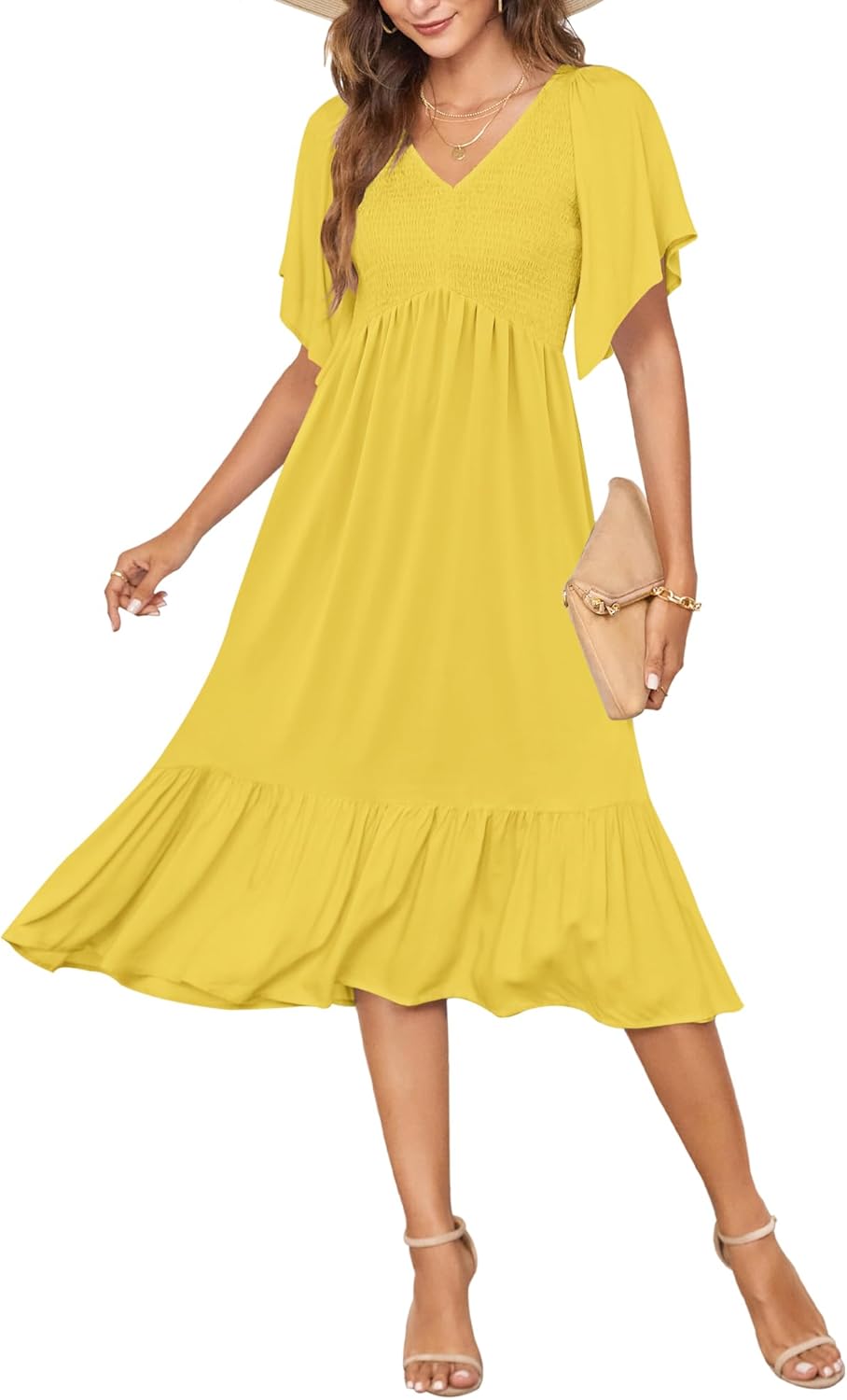 AUSELILY Women's Summer Empire Waist Dress Smocked Flutter Short Sleeve V Neck Midi Dresses 2025 New