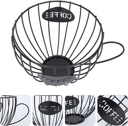 Miniatura 9 de Cesta de fruta en forma de taza de café, cesta de servicio de bocadillos de alambre de metal negro, soporte para cápsulas de café para encimera de