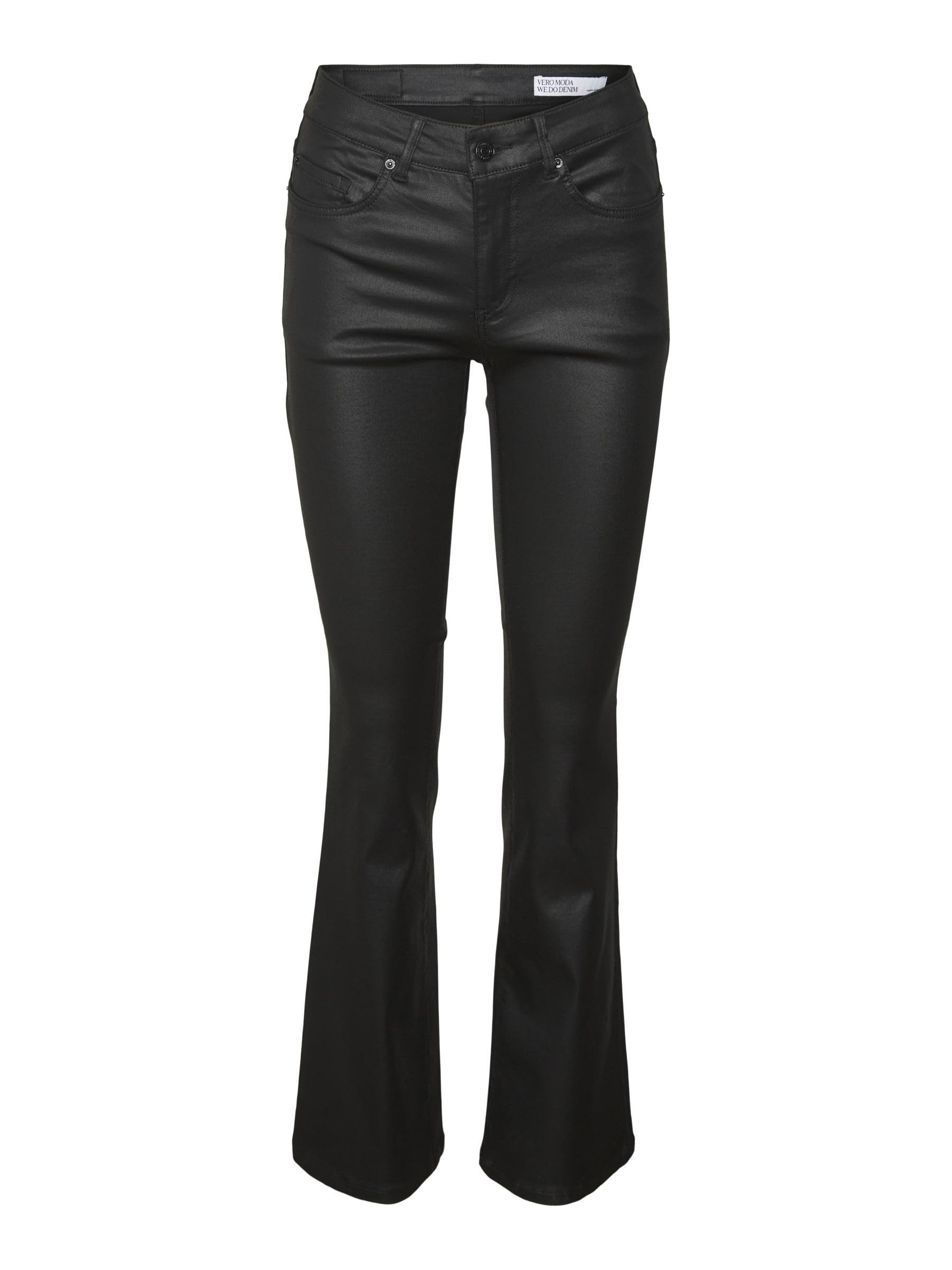 VERO MODA Women's Vmflash Mr Flared Coated Pants Noos Jeans, Black, L / 32L