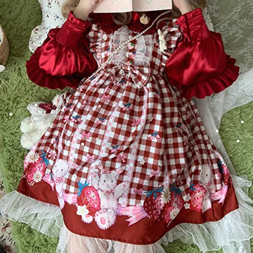 Sweet Teens Japanese Style Lolita Dress Cute Bunny Strawberry Print High Waist Plaid Dresses3