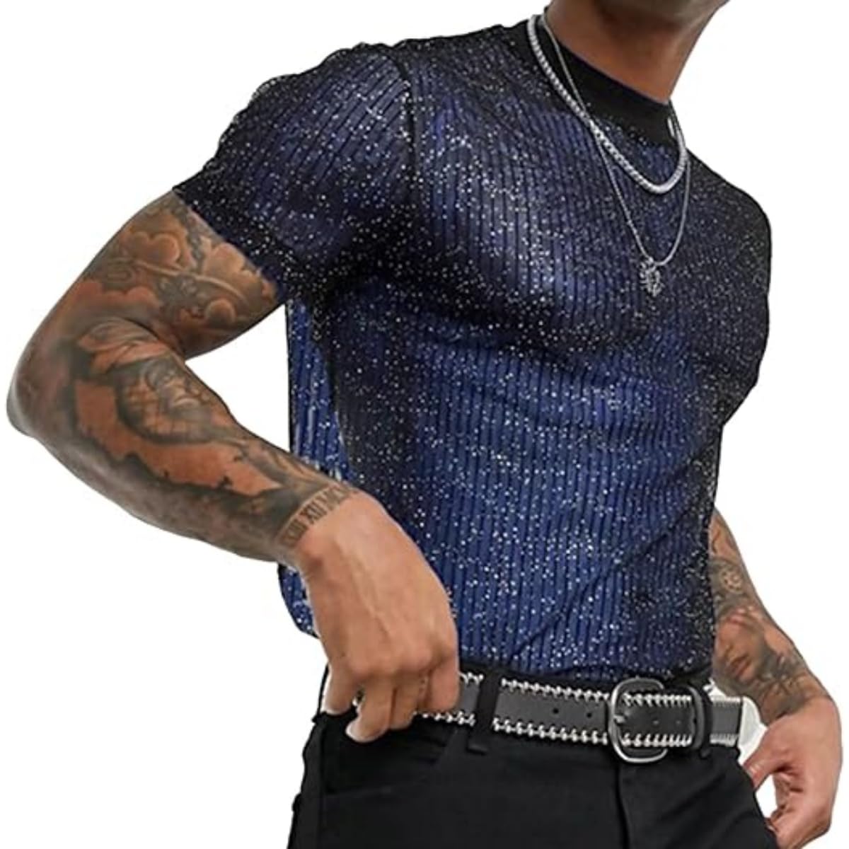 Hybursky Men's Blue Shiny Shirts, Short Sleeve Round Neck Sparkly Disco Rave Hot Tops, Mesh Sheer Sequins Party Clubwear Holiday Tee Top, Sexy Breathable Transparent Regular Undershirt For Nightclub Daily Wear