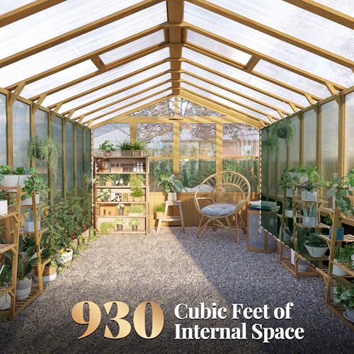 Jocisland 10x13.2 Ft Wood Greenhouse, Wooden Greenhouse for Outdoors with Lockable Door, Walk-in Cedar Greenhouse with Adjustable 2 Roof Vents, Polycarbonate Greenhouse for Outdoors, Garden, Backyard - Thumbnail 6
