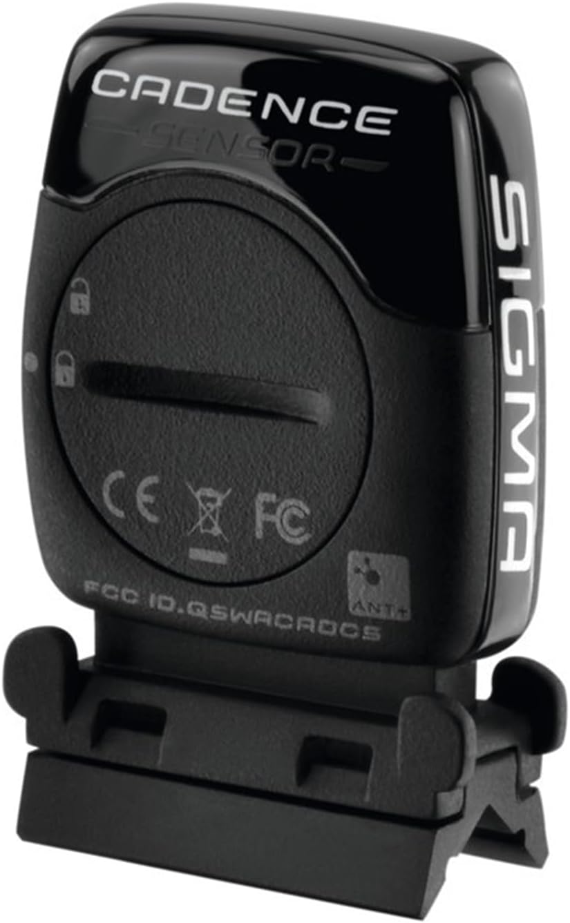 Sigma ANT+ Cadence Sensor, showing the device with 'CADENCE SENSOR' and 'SIGMA' branding, along with regulatory marks like CE and FCC ID.