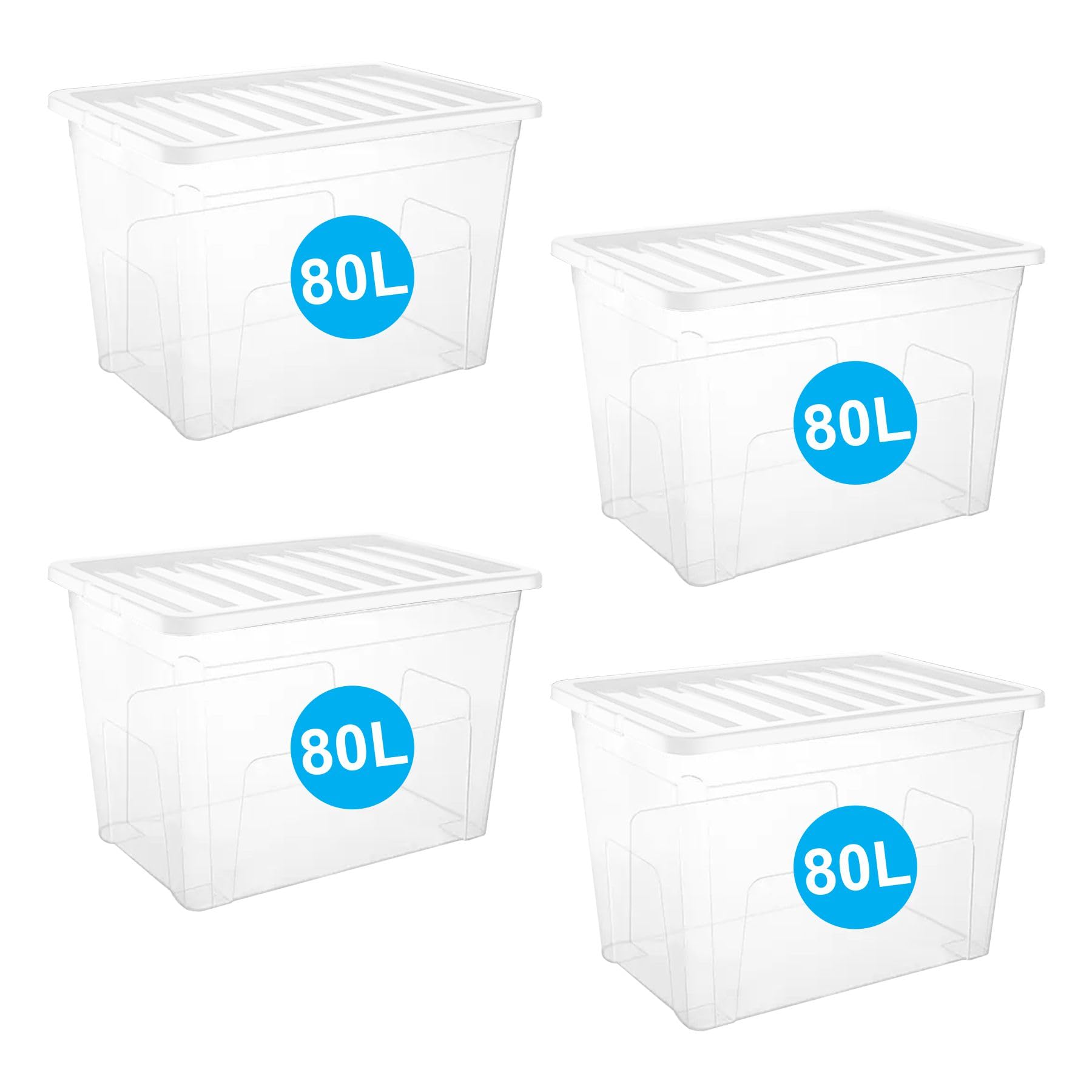 RelianceUK 4 X 80 Litre Large Plastic Storage Box with Lid - 80L Strong Stackable Boxes with Clear Lids - Home, Office, Kitchen, Garage, Nestable Storage Containers | Made in UK
