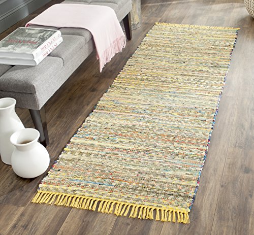 SAFAVIEH Rag Rug Collection Runner Rug - 2'3" x 12', Yellow & Multi, Handmade Boho Stripe Cotton, Ideal for High Traffic Areas in Living Room, Bedroom (RAR121H)