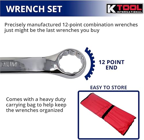 Miniatura 7 de K Tool International 41803 Juego de llaves combinadas métricas para garajes, talleres de reparación y bricolaje, cromadas, 12 puntos, grabado con