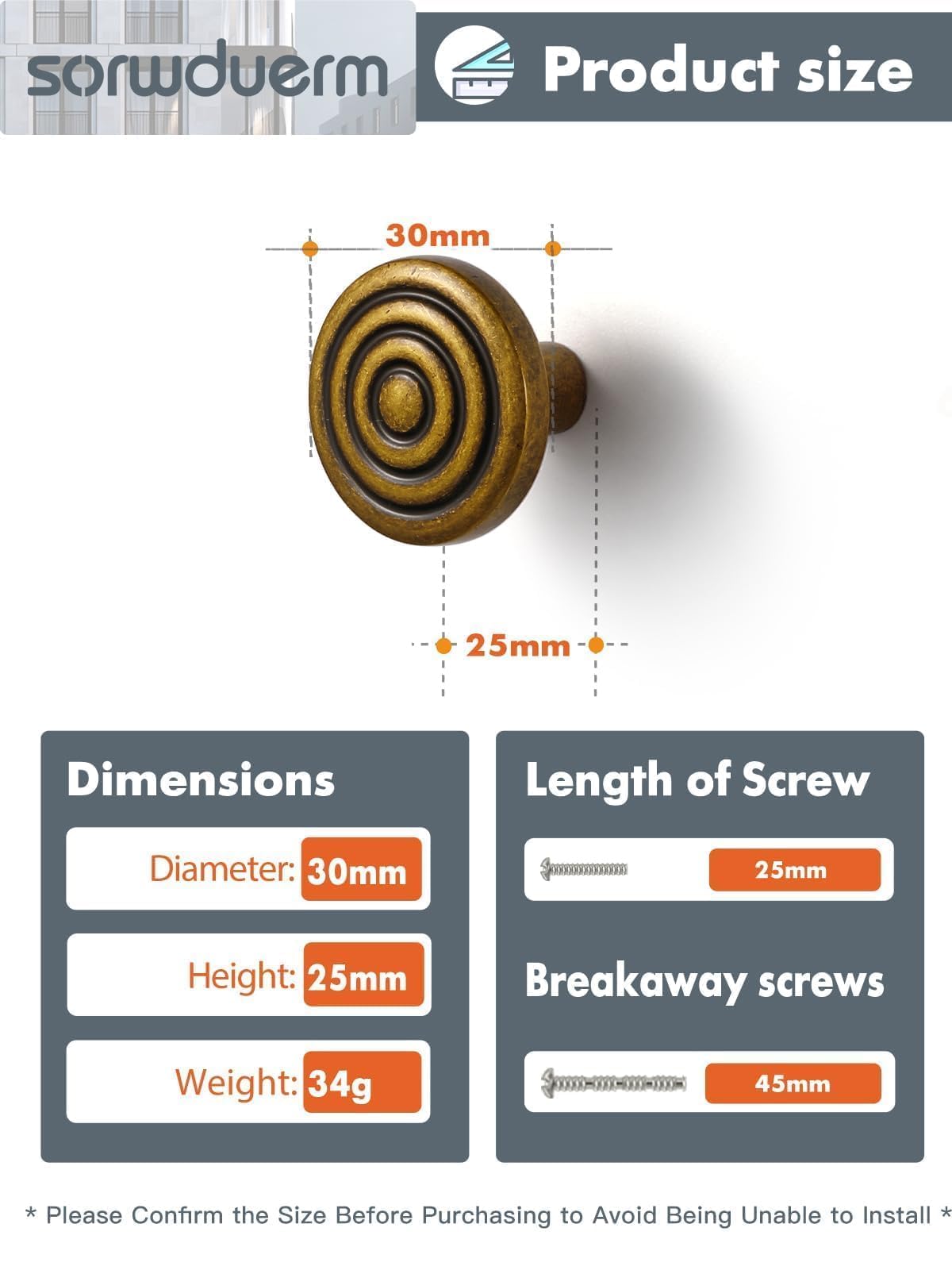 SORWDUERM 5 Pack Antique Brass Cabinet Knobs Brass Kitchen Solid Round Dresser Drawer Knobs Simple Cabinet Hardware for Cupboard Drawer Pulls Zinc Alloy - Image 2