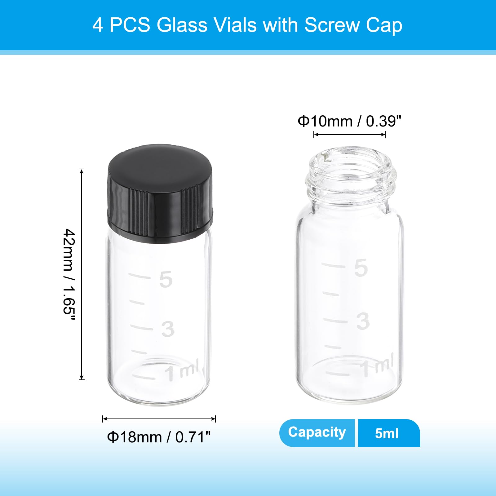PATIKIL 4pz 5ml Piccoli Viali Vetro Trasparente con Tappo a Vite Nero, Bottiglie Campionamento Graduato Vetro Borosilicato Conservare Solidi Liquidi e Polveri