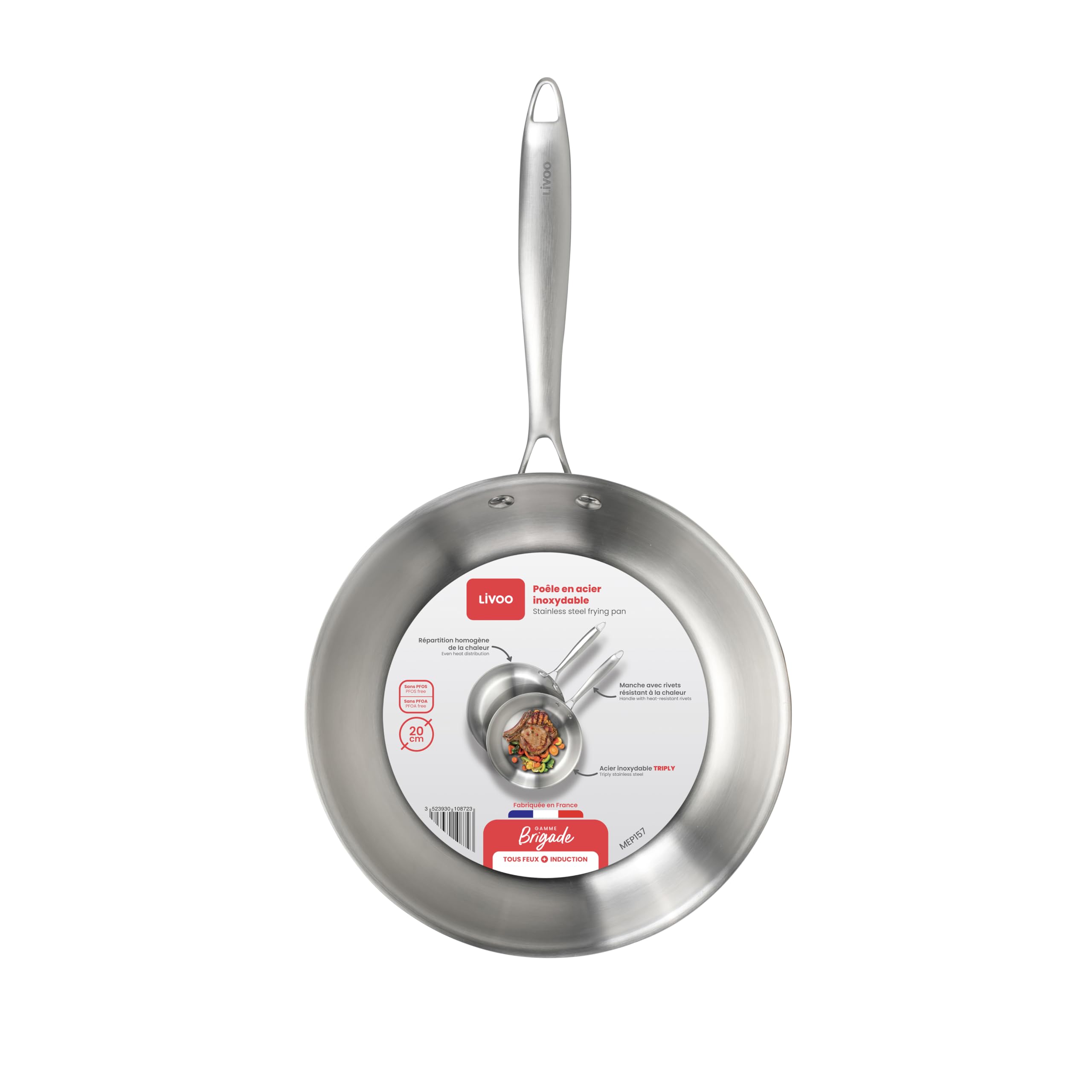 Livoo - Poêle en acier inoxydable 20 cm MEP157 - Gamme Brigade - inox triply - sans PFAS, Argent