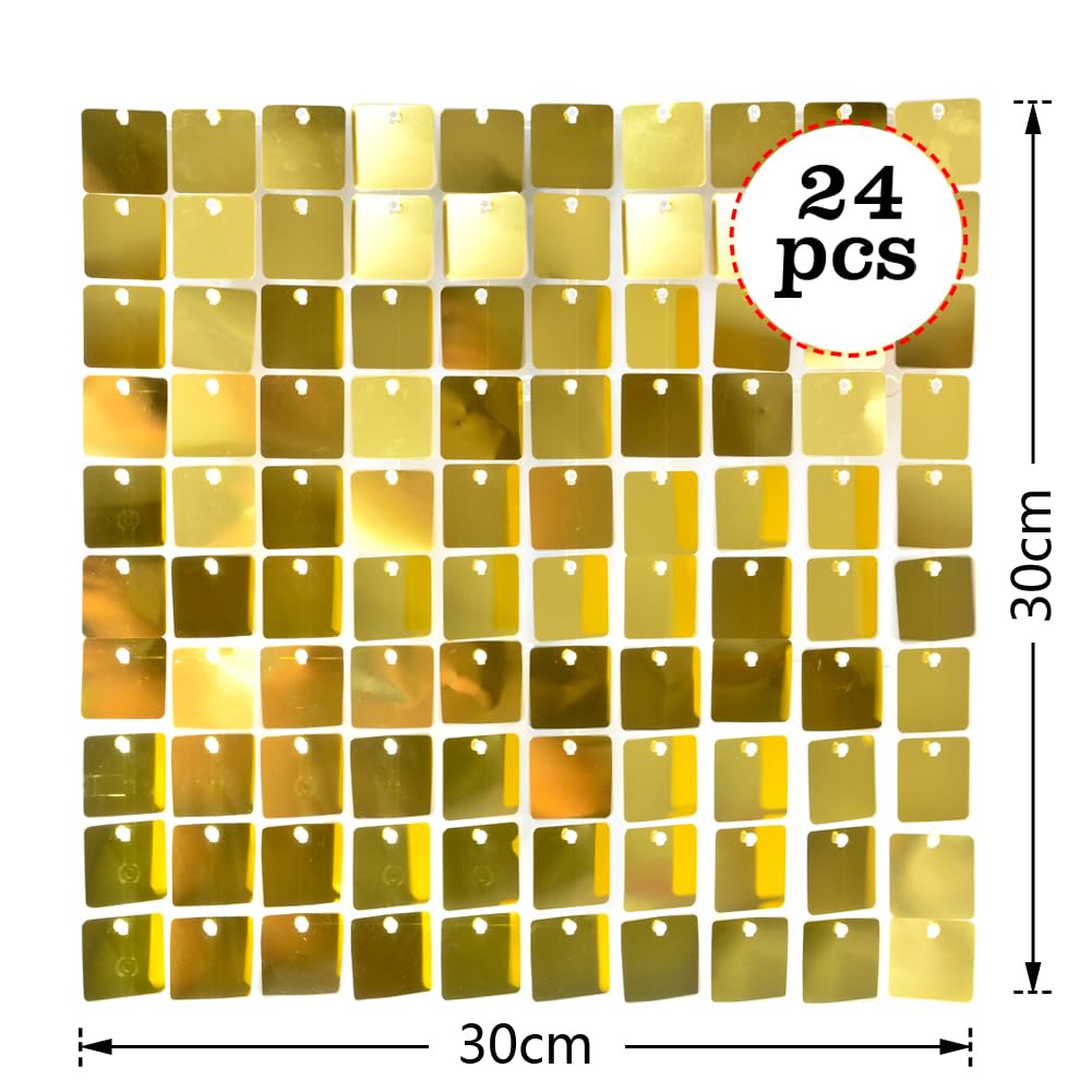 Lot de 24 panneaux carrés à paillettes - Décoration murale - 30 x 30 cm - Paillettes - Accessoire de fête d'anniversaire - Mariage doré - Mur photo - Doré clair