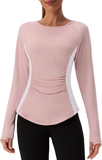 BMJL Womens Workout Tops Long Sleeve Shirts Slimming Gym Fitness Outfits | Color block long sleeve tops, waist ruched slim fit, modest gym shirts with thumbholes, workouts fall daily wear