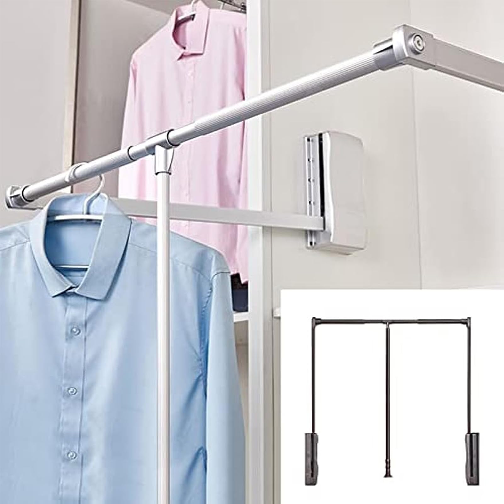 Retractable Heavy Duty Pull Down Closet Rod Wardrobe Rail Organizer Storage System Adjustable Width Coat Rack for Home Silver (89~120mm)