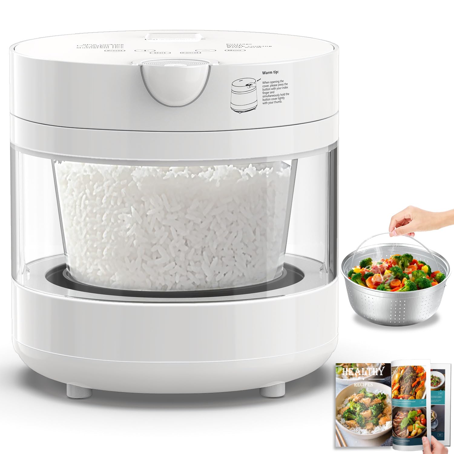 AIZIOY Low Carb Glass Rice Cooker with See-Through Glass Lid - 3L/5Cup(Uncooked) Zero Coating Inner Pot, Auto Steamer Basket, 600W Multifunction (Saute/Steam/Hotpot), 12H Timer, Perfect for Fitness & Family (Beige)