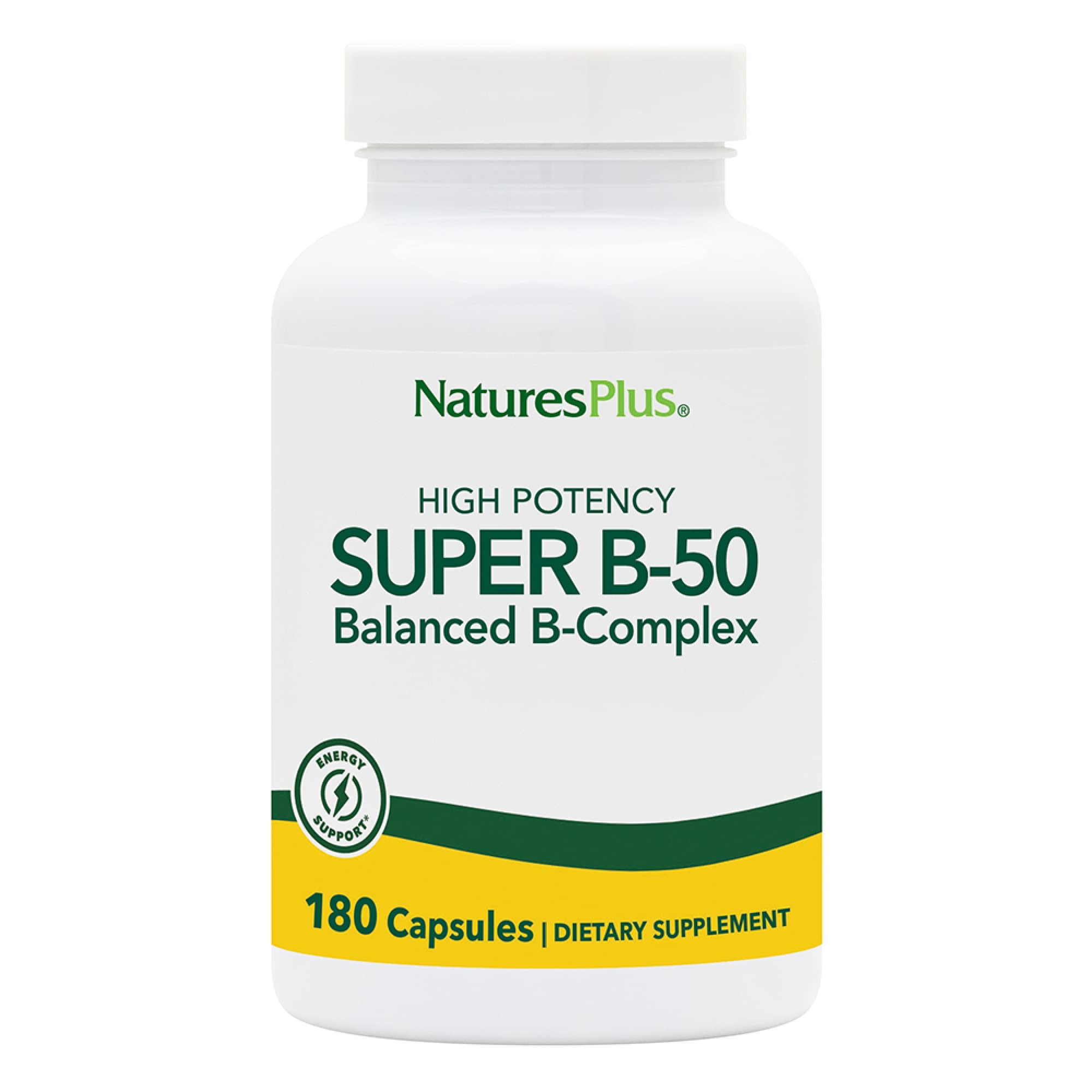 NaturesPlusSuper B-50 Balanced B-Complex - 180 Capsules - Vegan, Gluten Free - 180 Servings
