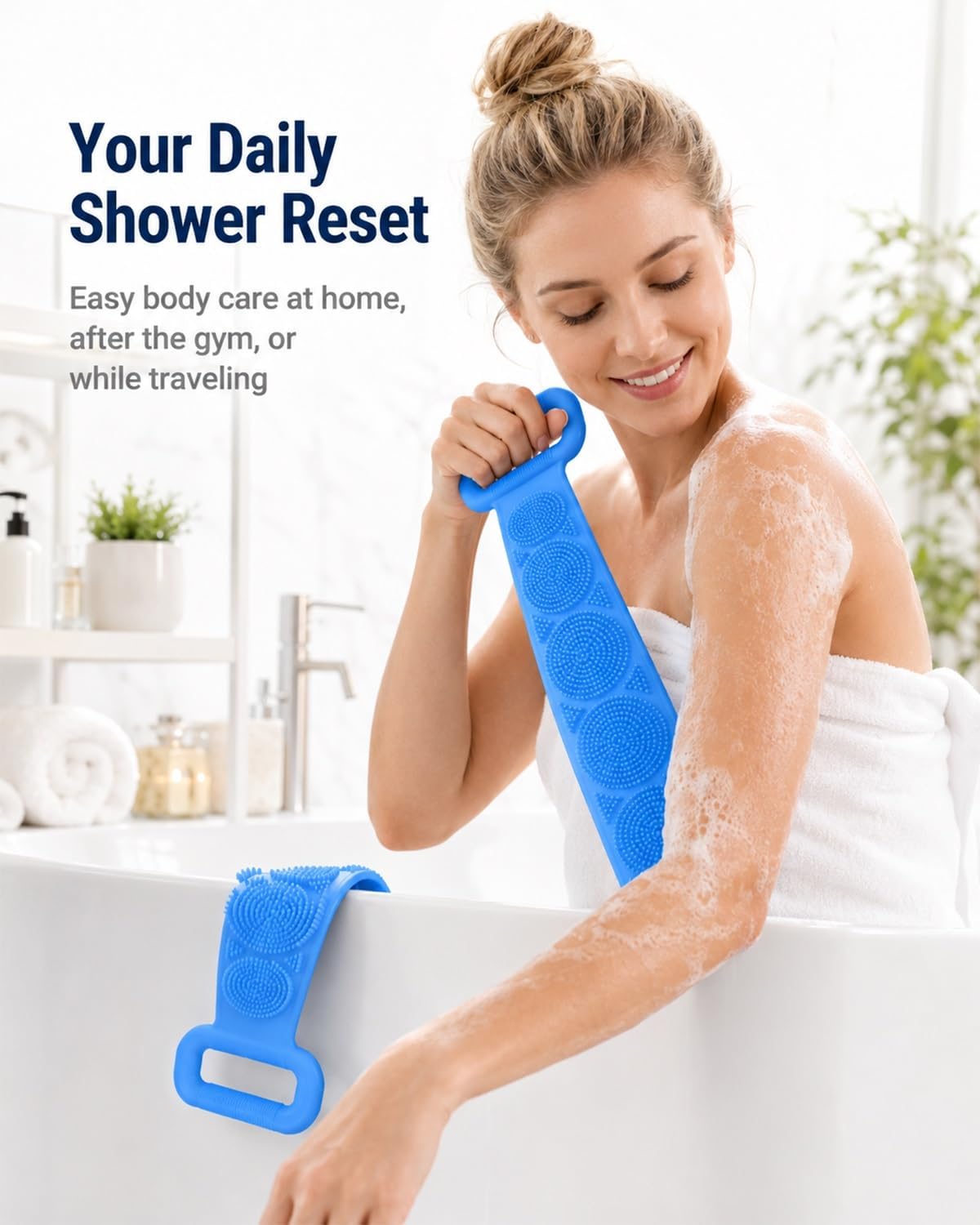 Silicone Bath Brush Double-Sided Exfoliating Back Scrubber with Straps
