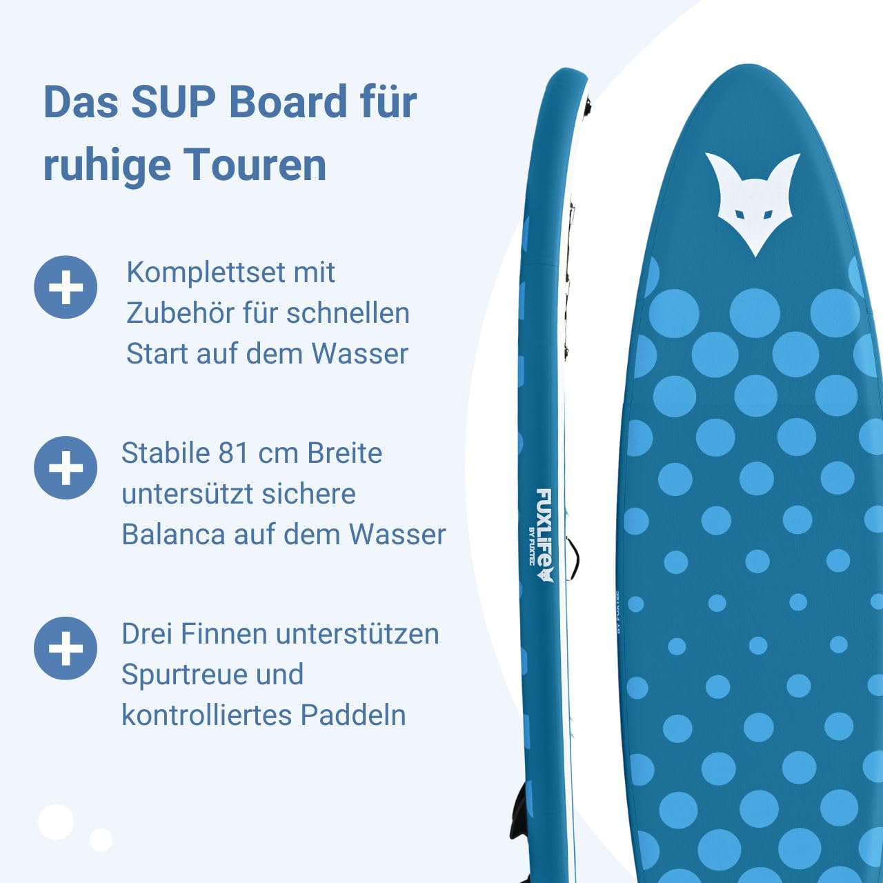 Fuxtec Aufblasbares SUP Board ECO Set – Stand Up Paddle Board 320 x 81 x 15 cm mit 3 Finnen – Touring-Board belastbar bis 150kg – inkl. Packsack