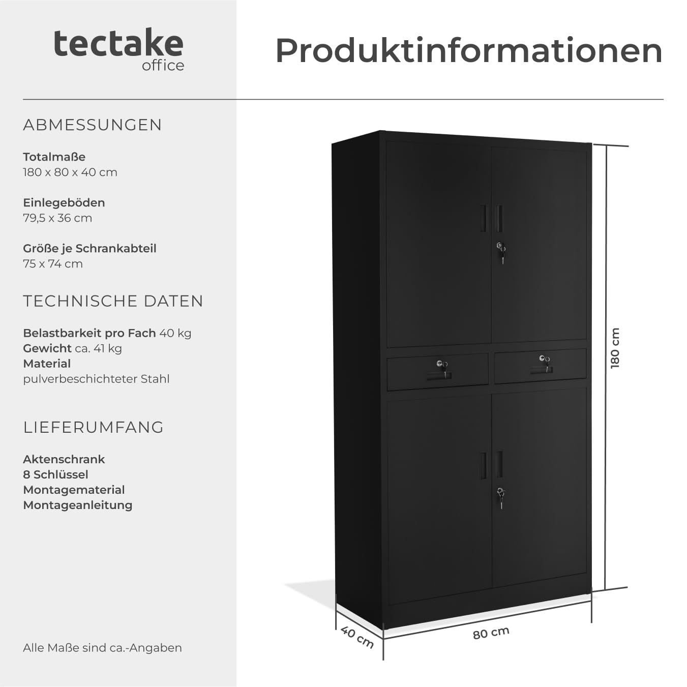 tectake® Aktenschrank, Mehrzweckschrank aus Stahl, Allzweckschrank, Aktenschrank abschließbar, 2 Schrankabteilen, 2 Schubladen, Türen und Schloss, Büroschrank, Werkzeugschrank, 180x80x40cm - schwarz