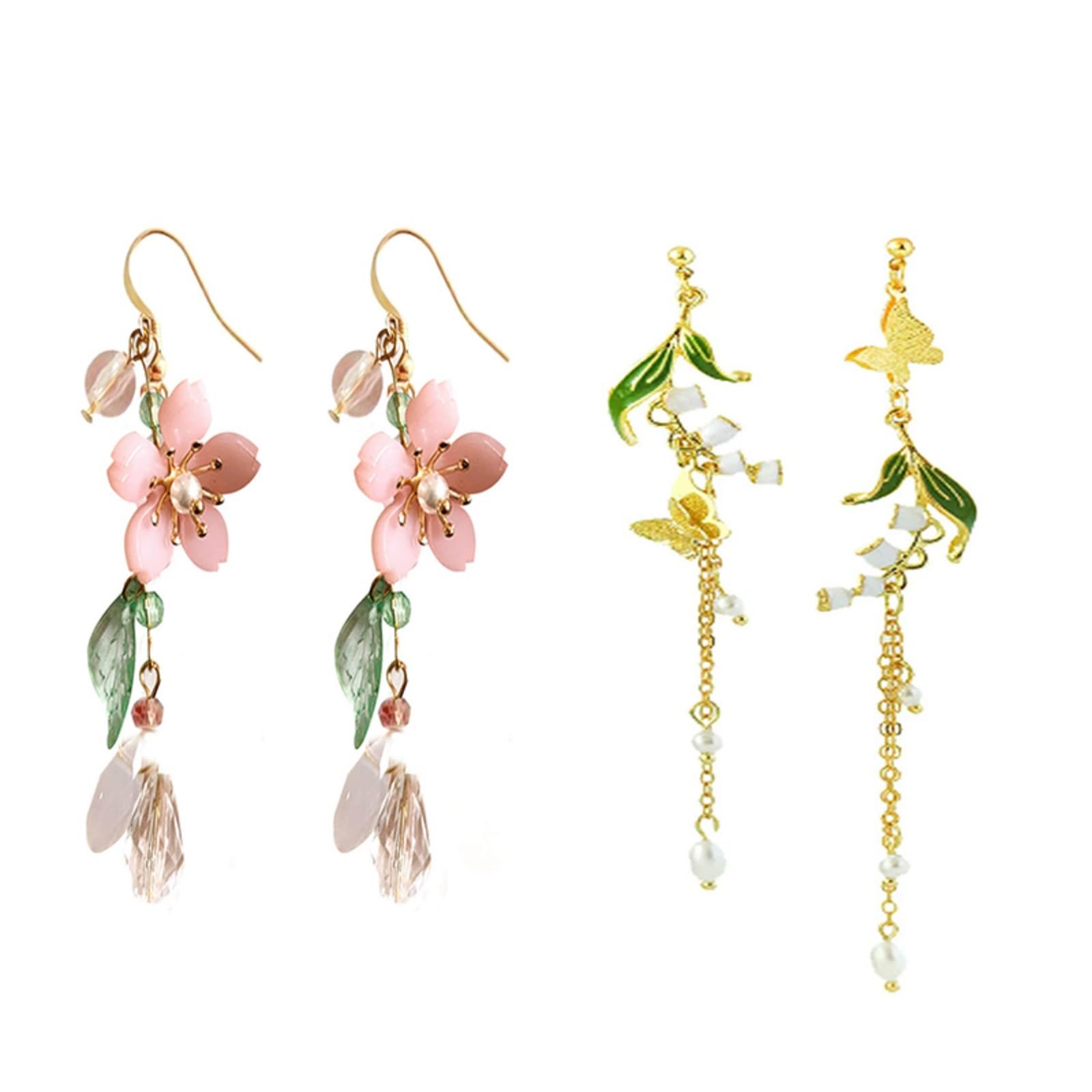 2 Pairs Long Flower Dangle Earrings for Women Boho Acrylic Pink Flowers Floral Cherry Blossom Lily of the Valley Leaf Tassel Pearl Fairy Earrings for Summer Spring Holiday Wedding Trendy Jewelry-image-37