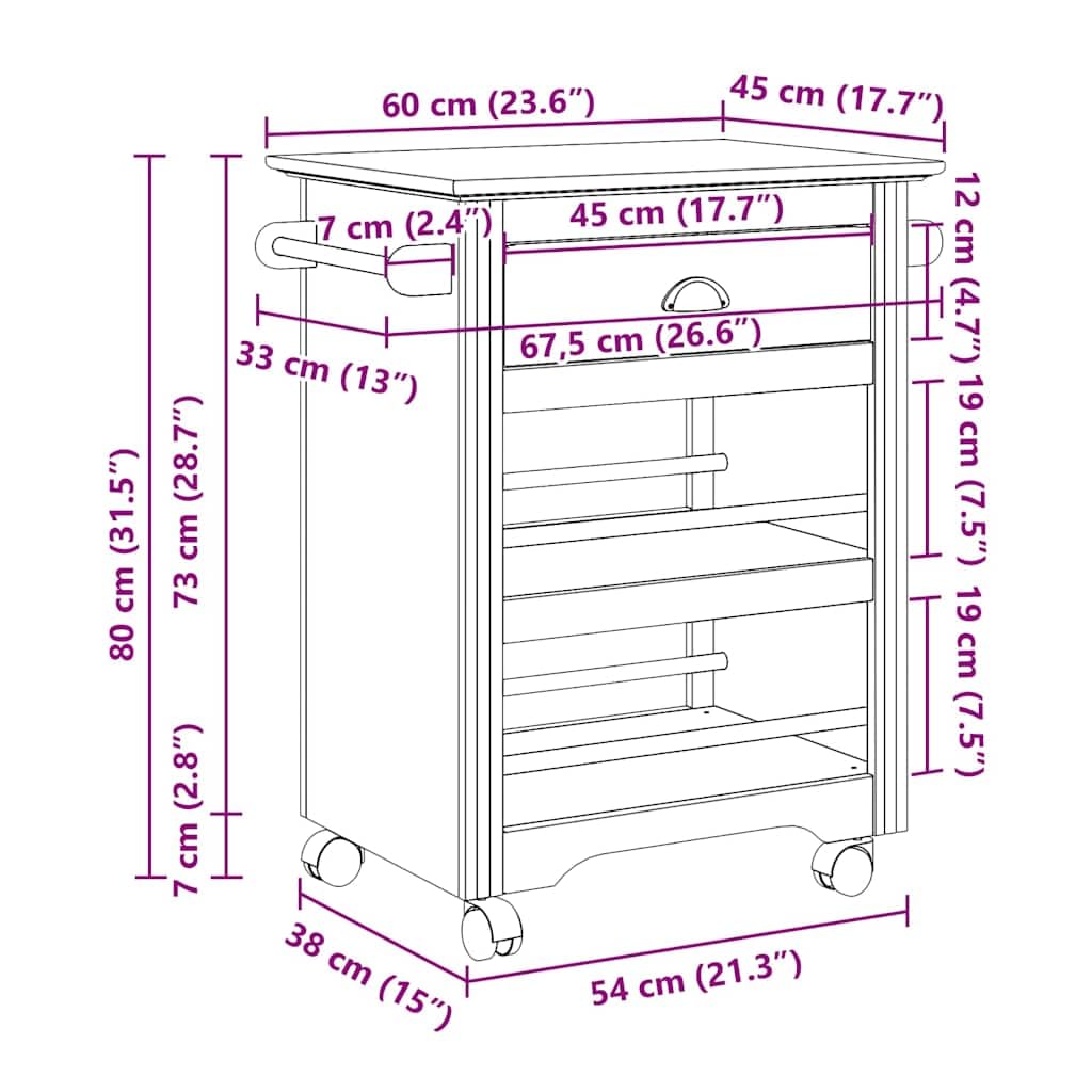 Gecheer Carrito de Cocina BODO Blanco y marrón 67,5x45x80 cm,Carrito verdulero para Cocina,Carrito Auxiliar Multiuso,Carros de Servicio