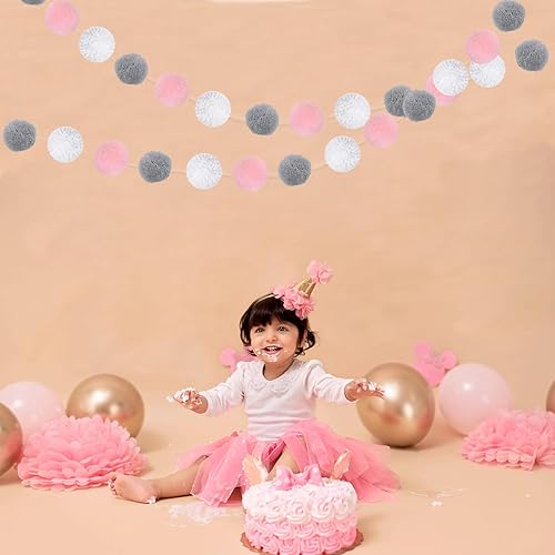 Miniatura 5 de Zwiebeco Guirnalda de bolas de color rosa, gris y blanco, adornos para baby shower, cumpleaños, boda, fiesta, habitación de bebé, habitación de