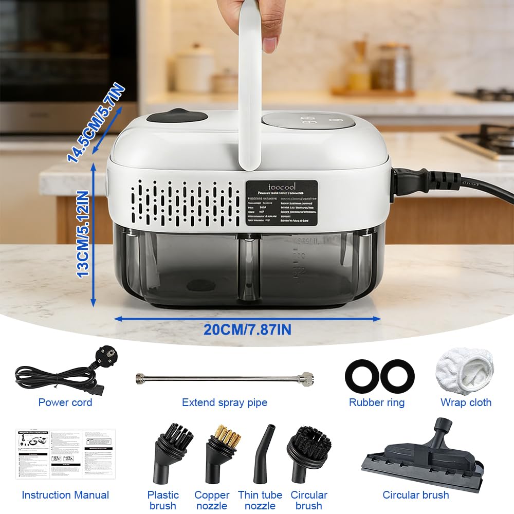 Tragbarer Dampfreiniger, 2500W Dampfreiniger Handgerät, Handdampfreiniger mit 1100ML Wassertank und 3 Bürstenköpfen, Hochdruck Dampfreiniger für Küche, Badezimmer, Auto, Teppiche (Weiß)