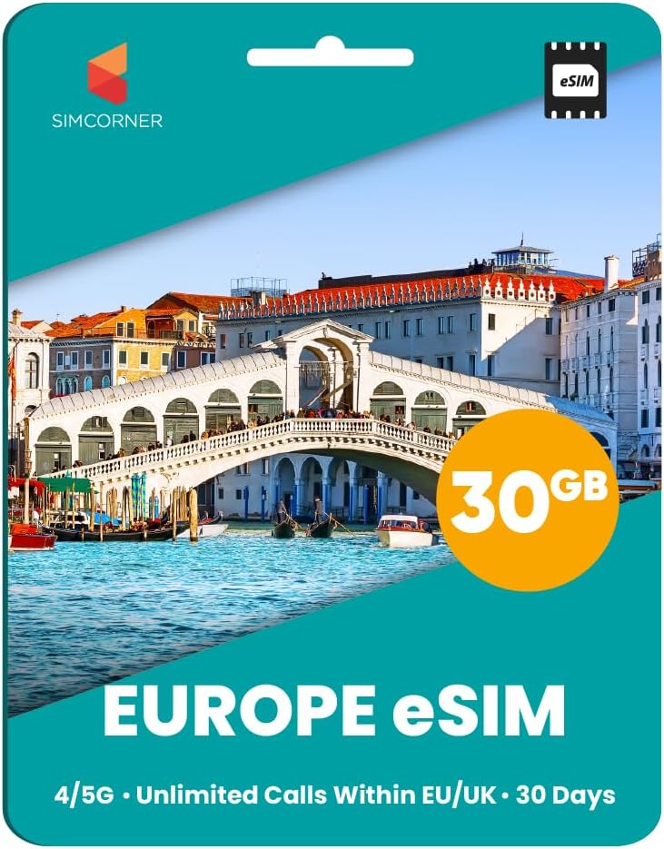SimCorner Europe & UK Travel eSim Card - 30GB Data, Calls Within UK & EU for 30 Days. Use in 50 Countries. Includes 25€ Credit for Calls. International Travel eSIM Card for Mobile Phones