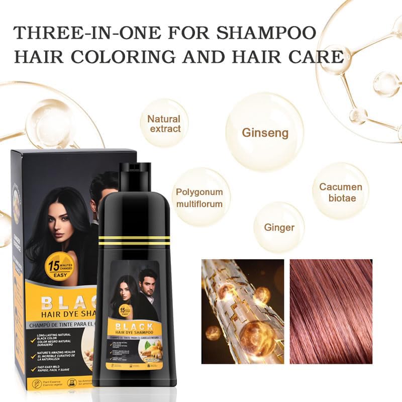 Gegong 500ml Ginger Black Hair Shampoo, Ginger Shampoo Fast Black Hair Hair Color Dye Nourishing, 2-in-1 Semi Permanent Shampoo Last 30 days,5 Minutes Finsh