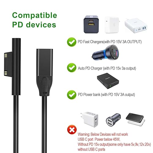 Miniatura 3 de Cable de carga convertidor USB C para cargador Surface Pro 15 V 2.58a 44 W 1.6a 24 W apto para Surface Pro 3 4 5 6 7 X, portátil 123 Surface Go 12 y