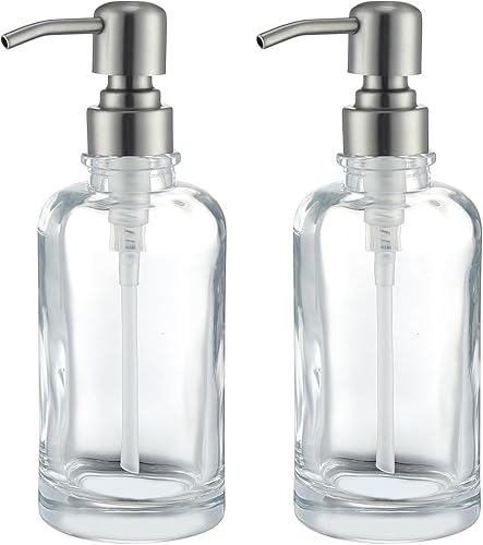 Miniatura 13 de Dispensador de jabón de vidrio ámbar claro con bomba negra, dispensador de jabón líquido de 11 onzas, botella cilíndrica con bomba de acero Botella