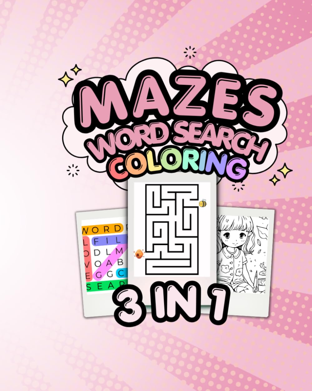 3in1 Maze Adventure For Kids-Coloring Book, Mazes and Word Search