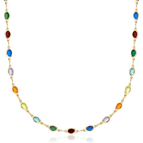 Barzel 18K Gold Plated Multicolor Stone Crystal Oval Necklace for Women - Made In Brazil
